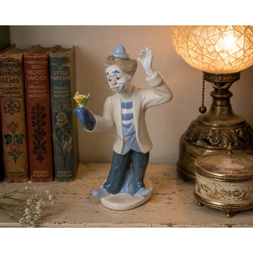 Paul Sebastian Porcelain Clown Figurine Holding Flower Sad Clown 8” Vintage